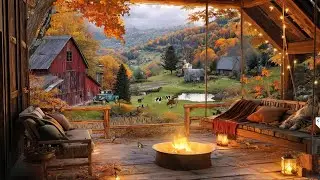 Autumn Cozy Porch Farm Cabin Ambience | Fireplace, Animals & Beautiful Relaxing Piano Music