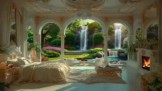 Cozy Garden Summer Ambience😸| Luxury Bedroom Resting Area |🐦Birds & Waterfall Sound |🔥Fireplace