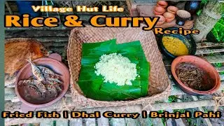 How to make Rice and Curry / Fried fish / Primitive cooking  / Roof hut #giant #primitive  #asmr