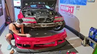Front KBD front bumper wrapping on an E46 M3. (Vinylfrog Vampire Red)