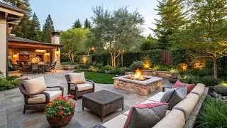 BACKYARD SEATING AREA DESIGN WITH FIREPLACE | DREAM OUTDOOR SEATING LIVING SPACE WITH FIREPIT IDEAS