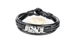 B-168 Solid Sterling Silver Leather Black Onyx Wristband Armband Men Bracelet