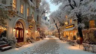 Relaxing Smooth Jazz ☕ Cozy Snowy Outdoor Caf&eacute; Street in an Old Town at Night | Warm Jazz Playlist