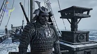 Upper Deck of a Wooden Warship Near the Command Platform with Frozen Sea and Sky  Absolute Stillness