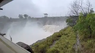 Queenslands Wivenhoe Dam Release After Capacity Reached Huge Water Spilling From The Gates.