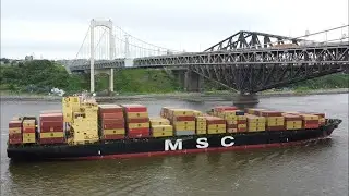 Aerial Views! Container Ship MSC SANTHYA Sailing Under Quebec Bridges on the Saint Lawrence River