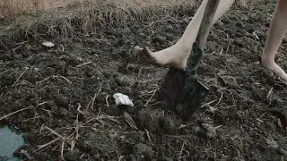 Loulou took off her high heels to work in the rice fields, her feet caked in wet mud