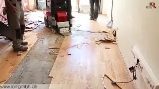 R&uuml;ckbau von verklebtem Zweischicht Stabparkett mit dem Aufsitzstripper ROLL-STRIPPER RO-1.1