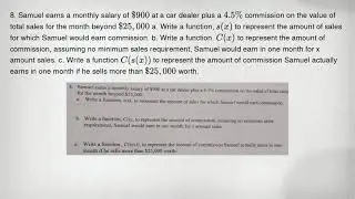 8. Samuel earns a monthly salary of 900 at a car dealer plus a 4.5% commission on the value of total