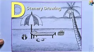 D for sccenery | Draw a scenery with D letters | Sea Beach Scenery Drawing Tutorial with pencil