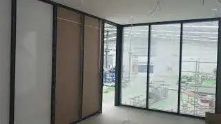 Glass partition project, double lacquered glass, wall thickness 100mm with blinds, door.