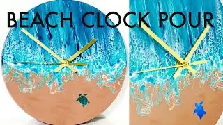 #78 Beach Swipe Acrylic Pouring Technique on a Wood Clock Fluid Art @LoriMcKinnonArt