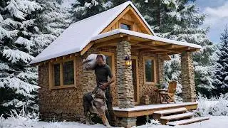 Solo Build: Wooden Cabin on Stone Foundation in Deep Forest (Full Process)