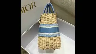Dior Lady Bag Medium Natural Wicker and Cornflower Blue Dior Oblique Jacquard