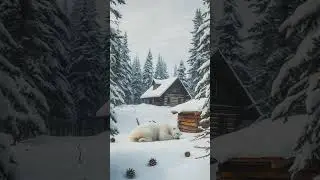 ❄️Cozy Cabin in Snowy Forest with Sleeping Polar Bear & Cubs! Winter Wonderland Ambience