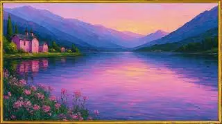 Sunset Over Alpine Lake. Cottage Landscape Digital Painting. 4K&nbsp;Frame ScreenSaver&nbsp;TV&nbsp;Art.