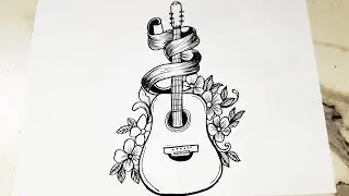 How to draw a guitar with flowers || Guitar tattoo drawing