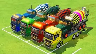 Garage with Colors - ALL MIXER TRUCK WITH DOUBLE FLATBED TRAILER TRUCK, KRAZ, LIZARD - FS22