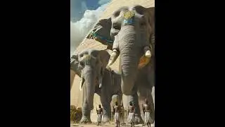 Ancient Egyptian pyramid construction workers alongside imposing Egyptian giants inspired by India