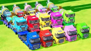 GARAGE WITH COLOR  - TRANSPORTING COLORED HUGE & TINY MIXER TRUCK by TRUCK TRANSPORTER! FS 22