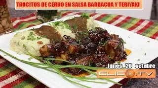TROCITOS DE CERDO EN SALSA BARBACOA Y TERIYAKI