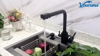 Minimalist Tri Flow Kitchen Faucet Square Style 3 Way Water Filter Taps KF1045-Black