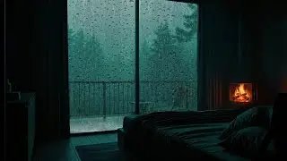 Dark Cabin Bedroom • Fireplace Warmth & Rain Sounds for Relaxation