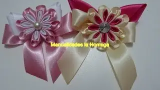 Como hacer flores dobles de listón, DIY kanzashi flower hairclip, Clip para el cabello
