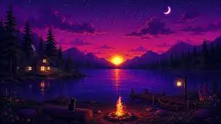 Cozy Pixel Lake Animated Background for Twitch, VTuber & Zoom | Cabin Campfire Loop