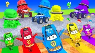 MCQUEEN CAR, SCHOOL BUS SAVES HIS TEAMMATES FROM OBSTACLES AND MONSTER TRUCK?WILL MCQUEEN BE FREED?