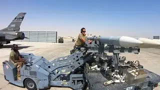 Day and Night Air Force Crew Arms Loader F-16C Weapon Against Falcon Fighter Jet