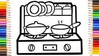 Kitchen, Gas Stove Drawing, Coloring, Painting Cooker, Pan, Dishes, Tutorial Art Easy