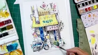 Watercolor painting a grumpy chef and his Japanese ramen restaurant over Uniball Vision line art