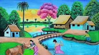 Beautiful Acrylic Color Landscape Scenery Painting | Indian Rural village | Beautiful Woman Art.