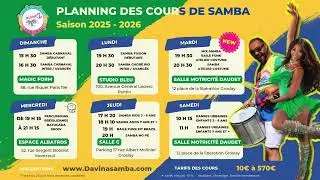 Planning des Cours de Samba 2025-2026 | &Eacute;cole Davina Samba &agrave; Groslay & Paris Pantin