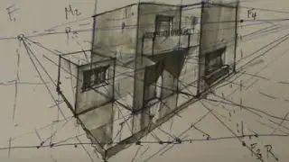 Casa en perspectiva cónica por puntos métricos (sombras y reflexiones)
