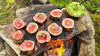 Juicy STEAK Cooked Over Open Fire | Primitive Campfire ASMR in the Forest