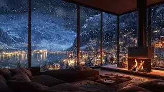 Peaceful Snowy Night at a Mountain Lake ❄️ Falling Snow Ambience & Cozy Fireplace