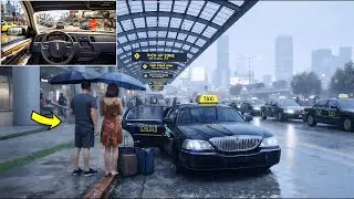 GTA 5 Realistic Uber Taxi Ride in a Lincoln Town Car - POV Drive 🌧️