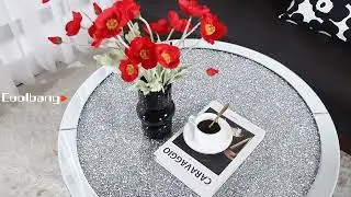 Modern Mirrored Round Coffee Table Wood With Crystal Inlay.#MirroredCoffeeTable #RoundTableDesign