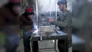 Making process a beautiful steel and marble table