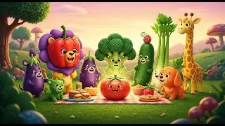 animal-shaped veggie characters (like lion-peppers, dog-carrots, bear.) living in a vibrant garden