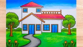 How to Draw a Two-Story House with a Beautiful Garden | Easy and Very Nice | House Drawing
