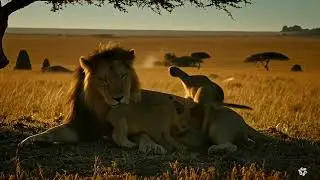 Leão na África com os filhotes .