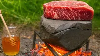 “Ribeye Steak 🥩on Hot Stone 🔥|Bushcraft Cooking with Garlic Bread & Smoked Whiskey”