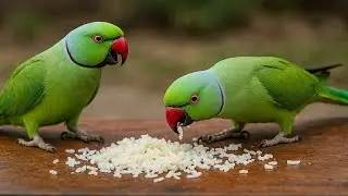 Two Green Parrots on Food Table in Jungle - September 3, 2025