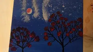 Magical red tree acrylic painting- Step -by- Step Night sky landscape Art satisfying painting  ✨️ 😍 