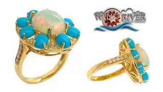 18K Solid Gold Diamonds Opal & Sleeping Beauty Turquoise Fine Designer Ring Band