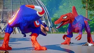 CAPTAIN AMERICA T-REX vs SPIDER-MAN Spinosaurus! Iron Man I-Rex & Batman King Shark Fight in JWE 💥