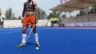 Rupinderpal Singh drag flick. Hockey India team member Rupinder practicing his drag flick.